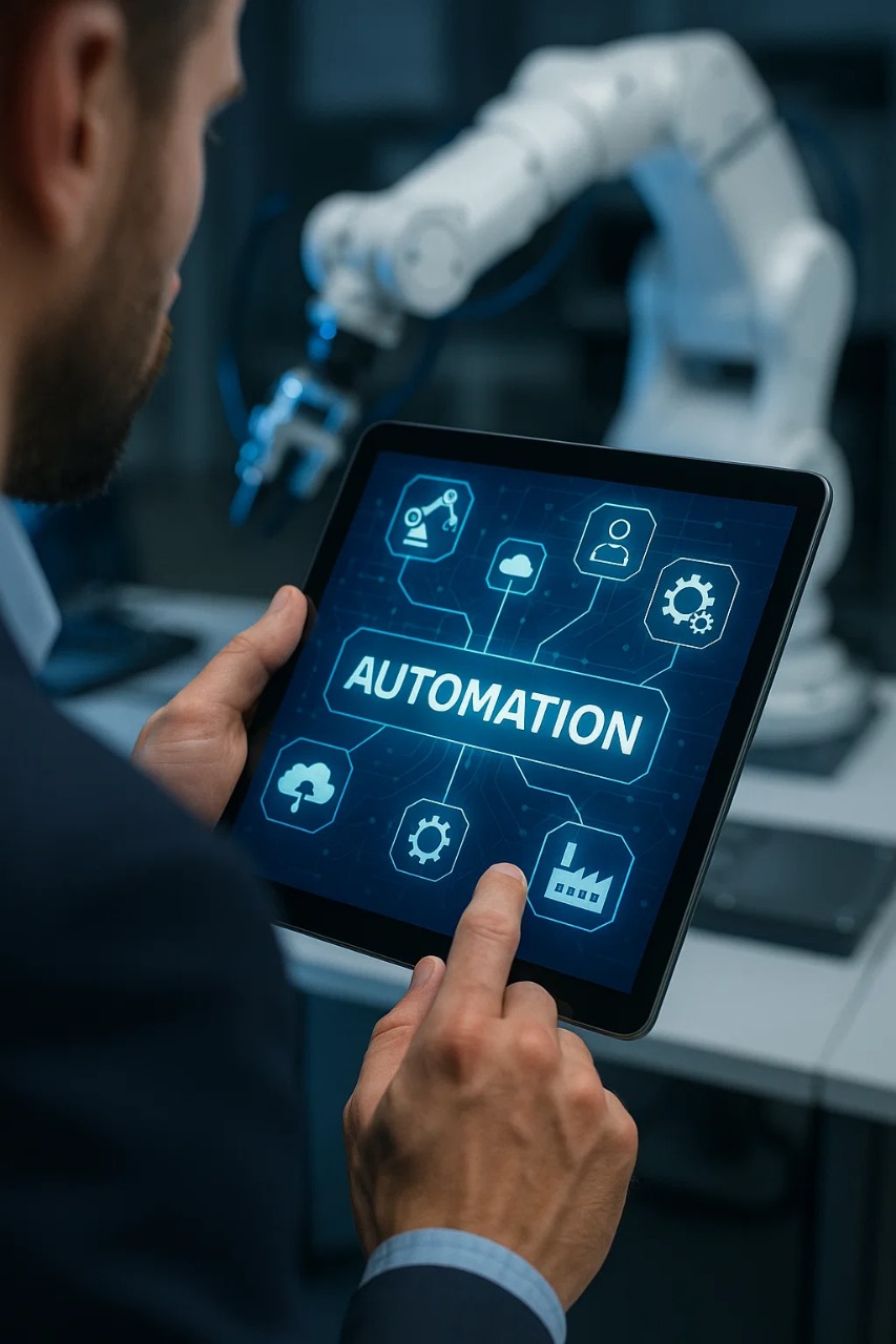 Person holding tablet with automation and robotic arm